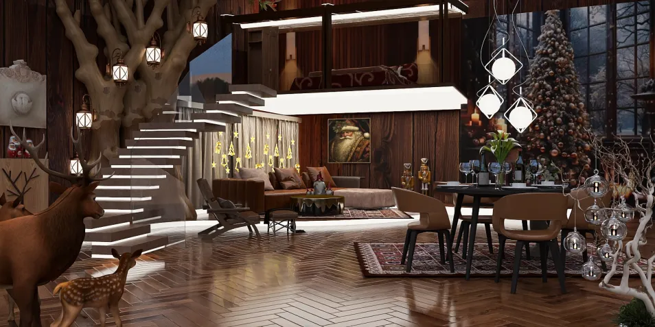 cozy living room with elegant wooden staircase and Christmas decorations featuring a modern rustic style and warm atmosphere, showcasing Homestyler's real-time 3D rendering feature