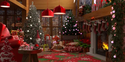 festively decorated living room with Christmas trees and stockings hanging by the fireplace, showcasing cozy holiday ambiance and using Homestyler's 3D rendering feature for realistic visualization.