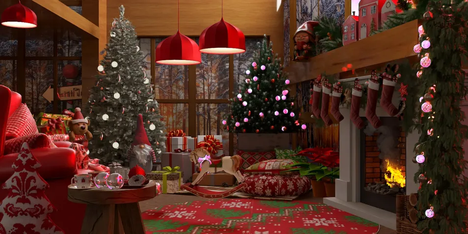 cozy Christmas living room decorated with festive elements including a tree and stockings, showcasing interior decor styles, featuring Homestyler's real-time 3D rendering for immersive design previews.