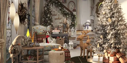 cozy living room decorated for Christmas with a beautifully adorned tree and festive ornaments, showcasing interior decor for holiday celebrations, utilizing Homestyler's real-time 3D rendering feature.