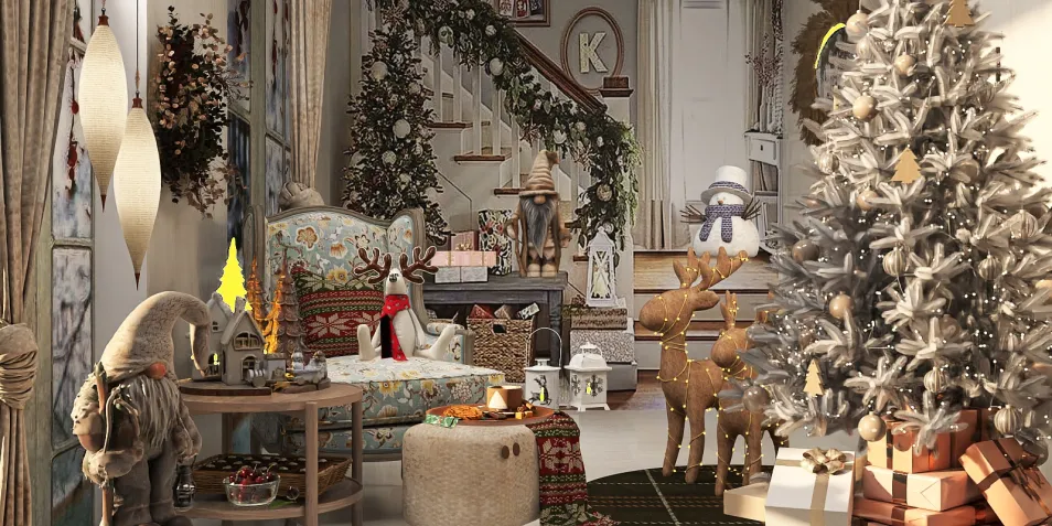 cozy living room decorated for Christmas with a beautifully adorned tree and festive ornaments, showcasing interior decor for holiday celebrations, utilizing Homestyler's real-time 3D rendering feature.