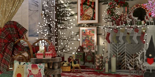 festive living room decorated for Christmas with a cozy fireplace, adorned tree, and seasonal ornaments, showcasing interior decoration using Homestyler's real-time 3D rendering feature.