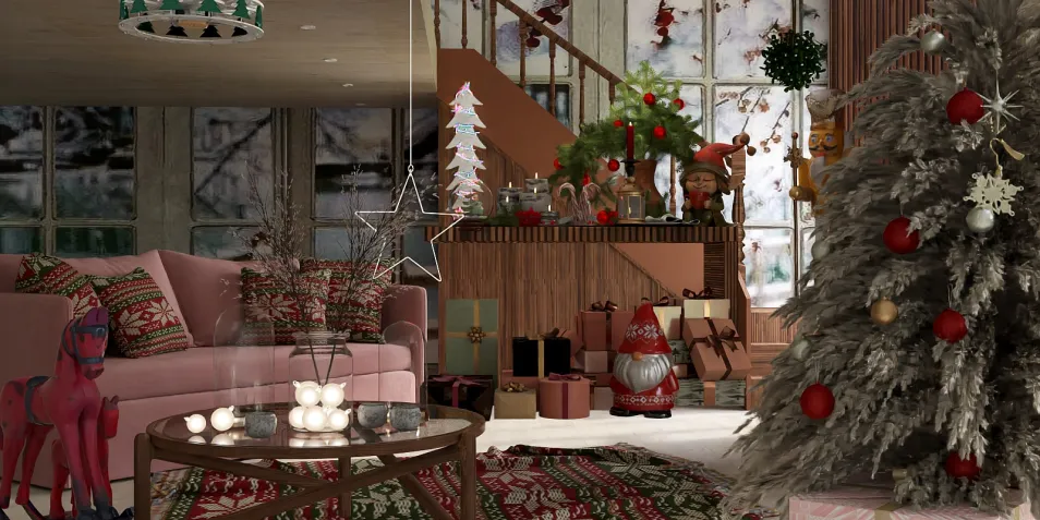 cozy living room decorated for Christmas featuring a pink sofa and a Christmas tree adorned with ornaments and lights, showcasing festive interior design elements and utilizing Homestyler's real-time 3D rendering capability for quick visual previews.