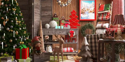 festive living room decorated for Christmas featuring a tree, ornaments, and holiday decorations in a cozy rustic style; showcasing Homestyler's real-time 3D rendering feature for design visualization.