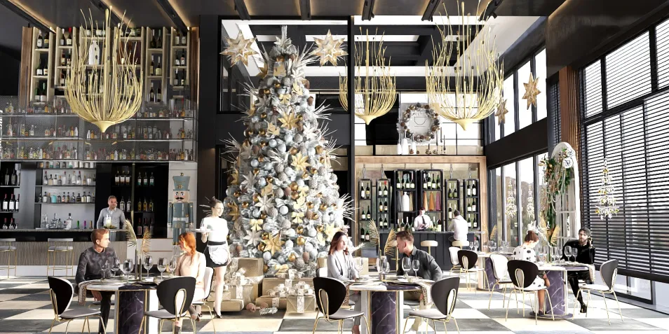 modern dining area featuring a Christmas tree decoration, showcasing a festive atmosphere with elegant design elements in a restaurant setting, highlighting the smart furniture arrangement feature of Homestyler for space optimization.