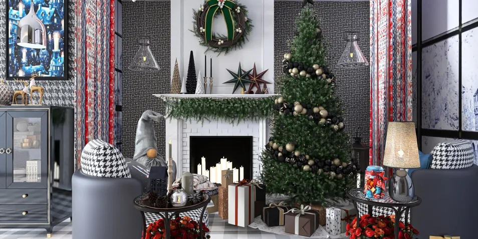 living room decor featuring a festive Christmas tree and holiday decorations with a cozy ambiance, showcasing interior design elements for seasonal celebrations using Homestyler's real-time 3D rendering technology.