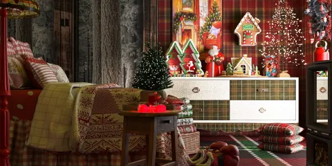 cozy Christmas bedroom decor featuring festive plaid patterns and holiday ornaments, showcasing interior design, applying Homestyler's real-time 3D rendering functionality for detailed previews.