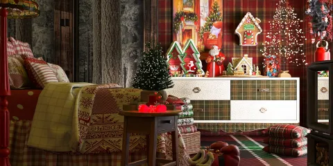 cozy bedroom decorated for Christmas with holiday-themed elements, featuring a festive plaid design and a small Christmas tree, emphasizing interior decor with Homestyler's real-time 3D rendering functionality.