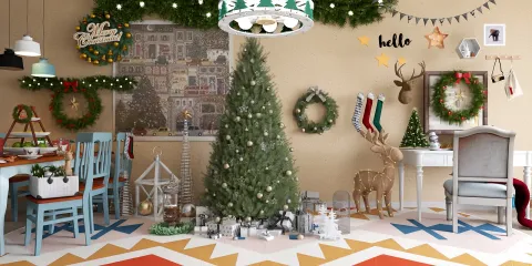 Christmas living room with a decorated tree and festive ornaments, creating a cozy holiday atmosphere, showcasing interior design using Homestyler's real-time 3D rendering feature.