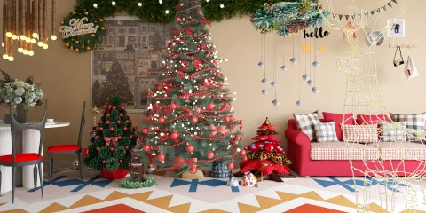 living room decorated for Christmas with a large Christmas tree and smaller trees, featuring festive ornaments and lights, showcasing a cozy and joyful holiday atmosphere, utilizing Homestyler's real-time 3D rendering for design visualization.