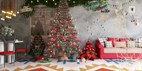 Living room with decorated Christmas trees and festive decor, creating a cozy holiday atmosphere, showcasing interior design with a focus on seasonal celebration and Homestyler's real-time 3D rendering feature.