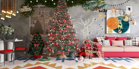 Festively decorated living room with a Christmas tree and ornaments, showcasing a cozy holiday design style, highlighting interior decor; utilizes Homestyler’s AR virtual furniture placement feature.