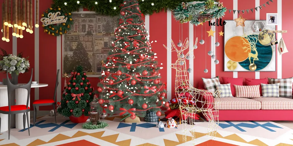 Christmas tree decoration in a festive living room with a cozy sofa and colorful accents, showcasing holiday spirit and interior design trends; features Homestyler's real-time 3D rendering capability for design previews.