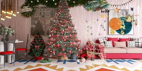 Christmas tree decoration in a cozy living room, featuring festive ornaments and lights, showcasing holiday spirit, optimized for interior decor and real-time 3D rendering in Homestyler.