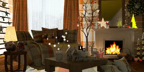 cozy living room arrangement showcasing a festive holiday design with warm lighting and decorative elements, enhancing the interior decor experience using Homestyler's real-time 3D rendering feature.
