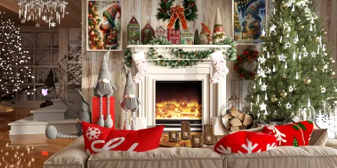 cozy living room decorated for Christmas featuring a fireplace and a Christmas tree with ornaments, capturing a festive atmosphere; showcasing interior decor themes with Homestyler's real-time 3D rendering capability.