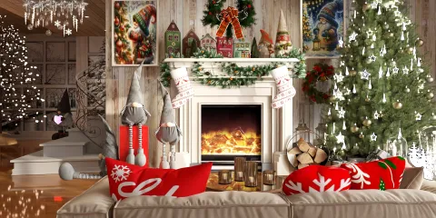 cozy living room decorated for Christmas with a fireplace design showcasing festive elements and a traditional holiday style, enhancing the festive atmosphere using Homestyler's real-time 3D rendering feature.