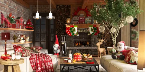 cozy living room decorated for Christmas featuring festive elements and traditional ornaments using Homestyler's real-time 3D rendering for design proposals.
