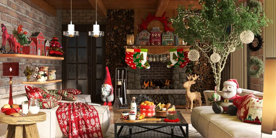 cozy living room decorating for Christmas with festive elements featuring a fireplace and holiday decor in a rustic style, showcasing interior decor optimization using Homestyler's real-time 3D rendering feature.