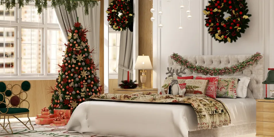 festively decorated bedroom with a Christmas tree and wreaths, showcasing a cozy holiday atmosphere with intricate bedding design; includes Homestyler's real-time 3D rendering feature for design preview.