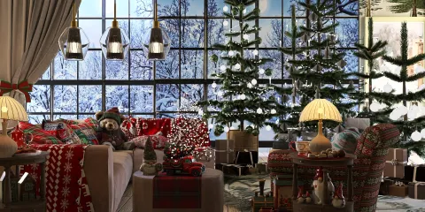 Living room decorated for Christmas featuring a cozy seating arrangement with festive throws, a Christmas tree, and snow-covered windows, highlighting interior decor ideas for the holiday season using Homestyler's real-time 3D rendering.