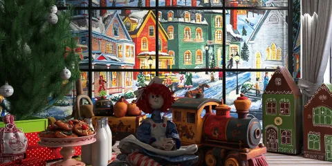 decorative Christmas scene featuring a doll, colorful holiday decorations, and a festive backdrop with snow-covered houses, showcasing a warm and cozy interior design using Homestyler's real-time 3D rendering feature.