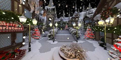 festive winter street scene adorned with Christmas decorations and snow, showcasing a charming holiday atmosphere, perfect for creating cozy interior decor themes using Homestyler's real-time 3D rendering feature.