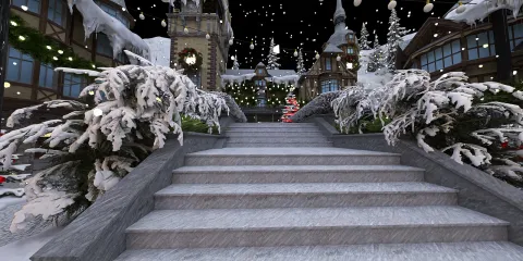 snow-covered staircase leading to a festive design with holiday decorations and winter scenery, creating a warm atmosphere; showcasing Homestyler's real-time 3D rendering feature.