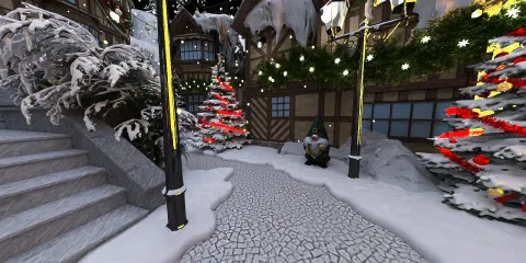 winter scene with snow-covered trees and decorative lights featuring a cozy outdoor pathway in a festive holiday style showcasing Homestyler's immersive 3D rendering capabilities