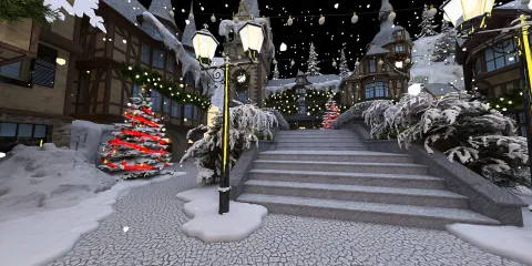 snowy outdoor scene featuring festive Christmas decorations, creating a warm winter atmosphere with holiday lights and snowy trees, showcasing an inviting ambiance for outdoor gatherings, enhanced by Homestyler's real-time 3D rendering feature.