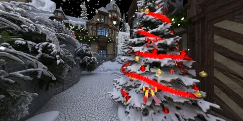 A decorated Christmas tree with red ribbons and ornaments, featuring a snowy outdoor setting; ideal for winter holiday ambiance and showcasing Homestyler's real-time 3D rendering feature.