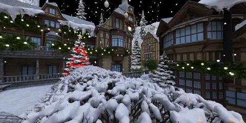 snow-covered winter landscape featuring a charming village with festive decorations and illuminated trees, showcasing a serene holiday atmosphere, designed using Homestyler's immersive 3D rendering feature for realistic winter scenes.