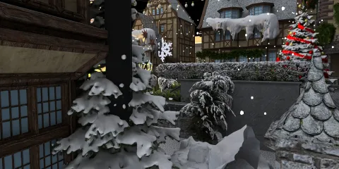 snow-covered landscape featuring traditional architecture and holiday decorations, showcasing seasonal outdoor design in a winter wonderland setting using Homestyler's real-time 3D rendering feature.