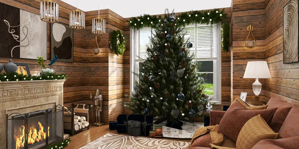 Christmas tree decoration in a cozy wooden living room with a fireplace, featuring a rustic style, showcasing a festive holiday interior decor with Homestyler's real-time 3D rendering functionality.