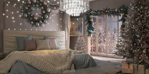 modern bedroom decorated for Christmas with a cozy bed, elegant lighting, and a beautifully adorned tree, showcasing interior design with Homestyler's real-time 3D rendering feature for quick preview of festive decor.