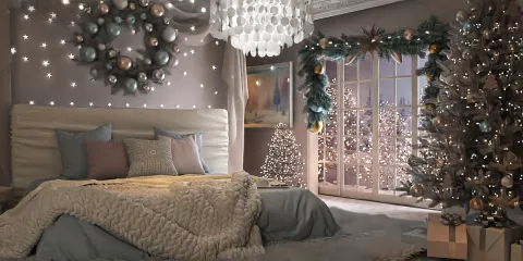 cozy bedroom with festive decorations and elegant chandelier creating a warm holiday atmosphere, showcasing interior design ideas to enhance the festive spirit using Homestyler's real-time 3D rendering feature.