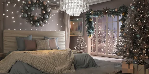 cozy bedroom decorated for Christmas featuring a beautifully lit tree and starry wall effects, showcasing modern minimalism and festive ambiance with Homestyler's real-time 3D rendering capability.