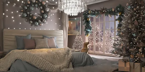 cozy bedroom design featuring a plush bed and holiday decor, styled in a modern aesthetic with festive elements, showcasing Homestyler's realistic 3D rendering feature.
