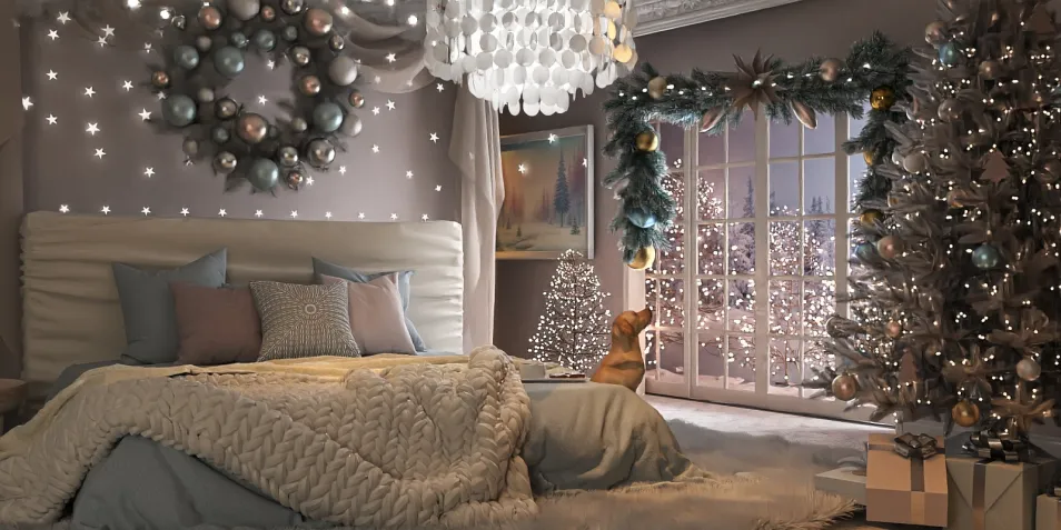 cozy bedroom decorated for Christmas with a large tree and festive lights, utilizing Homestyler's real-time 3D rendering feature to enhance design visualization.