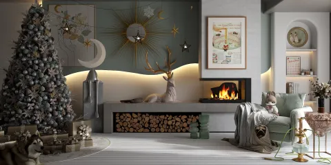 cozy living room featuring a beautifully decorated Christmas tree with elegant ornaments, showcasing a modern design style and warm ambiance, emphasizing the interior decor theme with real-time 3D rendering functionality from Homestyler