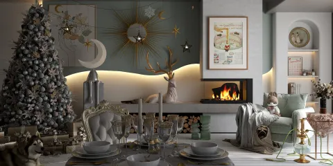 cozy living room decorated for Christmas with a festive tree and warm fireplace, showcasing holiday interior design, featuring Homestyler's real-time 3D rendering for design proposal display
