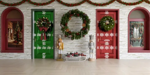 festive door decor featuring red and green doors adorned with wreaths and holiday decorations, showcasing a cheerful Christmas theme in a living room, highlighting interior design aesthetics for seasonal decoration, utilizing Homestyler's real-time 3D rendering feature.