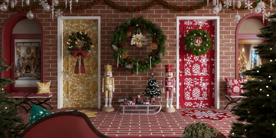 Christmas-themed interior with festive decorations, showcasing a cozy atmosphere, optimized for holiday gatherings, featuring Homestyler's real-time 3D rendering for a quick design preview.