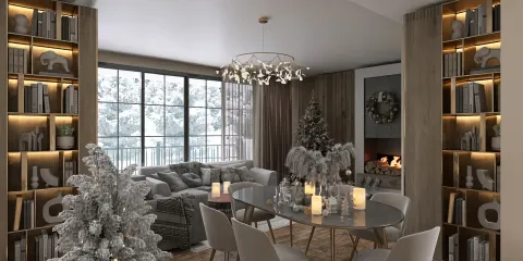 cozy living room with Christmas decorations showcasing smart furniture arrangement in a modern style, featuring Homestyler's real-time 3D rendering technology.