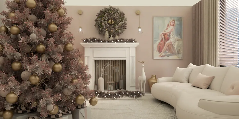 Christmas tree decorated with gold ornaments featuring a cozy fireplace design in a modern living room style, showcasing interior decor ideas for holiday-themed spaces, leveraging Homestyler's real-time 3D rendering feature.