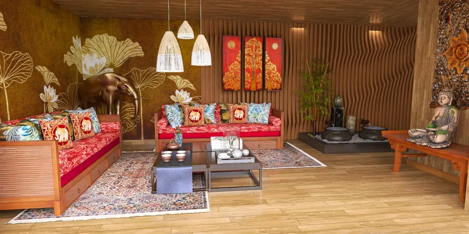 Mediterranean-style living room featuring vibrant red sofas with decorative cushions, designed for a warm and inviting atmosphere. Utilizes Homestyler's real-time 3D rendering to showcase an artistic blend of furniture and decor.