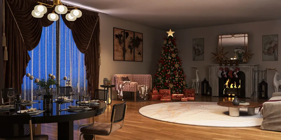 living room with Christmas tree decorating the space, showcasing festive interior design style, highlighting the cozy atmosphere for holiday gatherings, featuring Homestyler's real-time 3D rendering for effective design proposals.