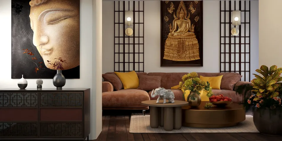 Buddha wall art enhancing a cozy living room design with soft brown couch, lush plants, and accent decor, showcasing interior decor optimization using Homestyler's real-time 3D rendering feature.