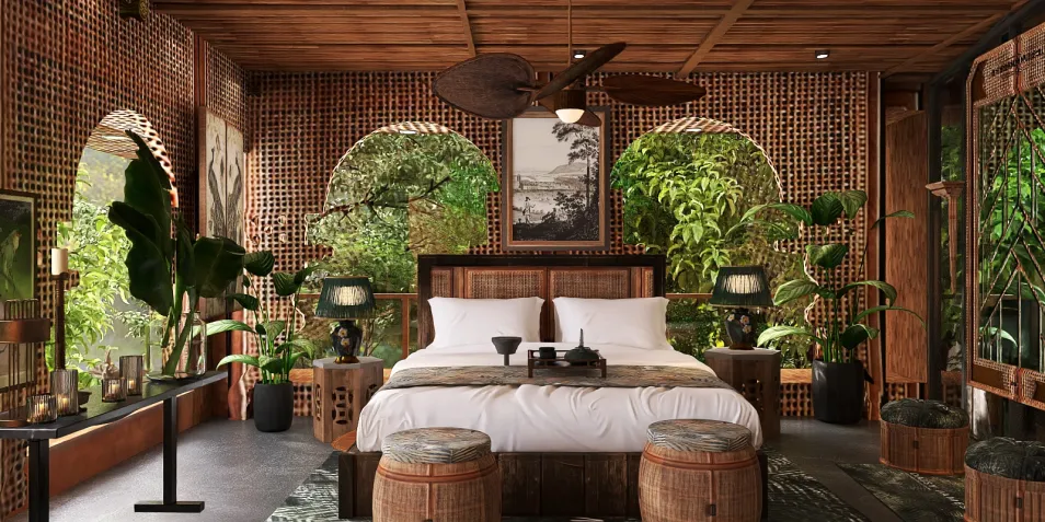 tropical bedroom design featuring bamboo elements and lush greenery, showcasing a serene sanctuary atmosphere with sustainable style, utilizing Homestyler's real-time 3D rendering for instant design previews.