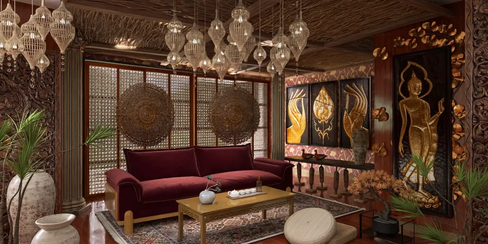 luxurious living room featuring intricate wooden carvings and ornate lighting design showcasing rich textures and colors, optimized for interior decor using Homestyler's real-time 3D rendering feature